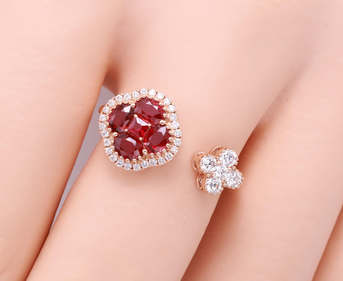 Ruby Clover Toi et Moi Ring with Diamonds, 18K Rose Gold