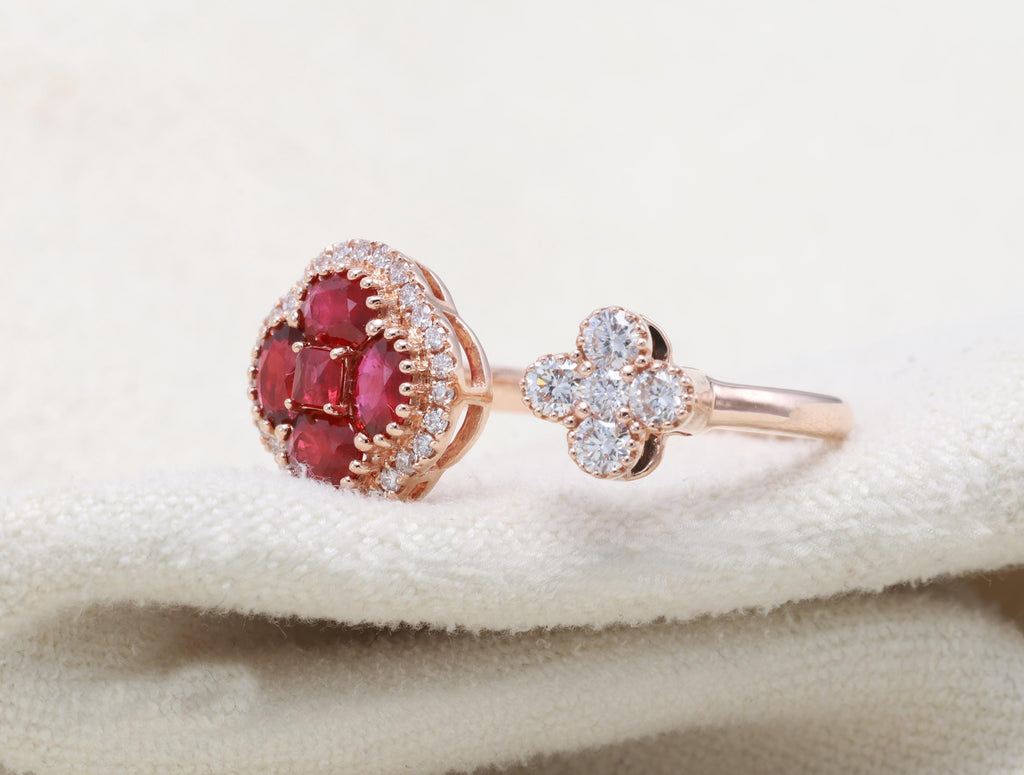 Ruby Clover Toi et Moi Ring with Diamonds, 18K Rose Gold