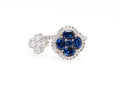 Blue Sapphire Clover Toi et Moi Ring with Diamonds, 18K White Gold