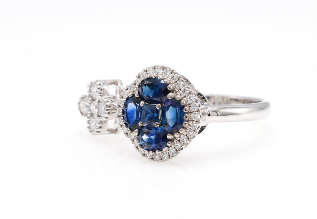 Sapphire or Ruby Clover Toi et Moi Ring with Diamonds, 18K Gold