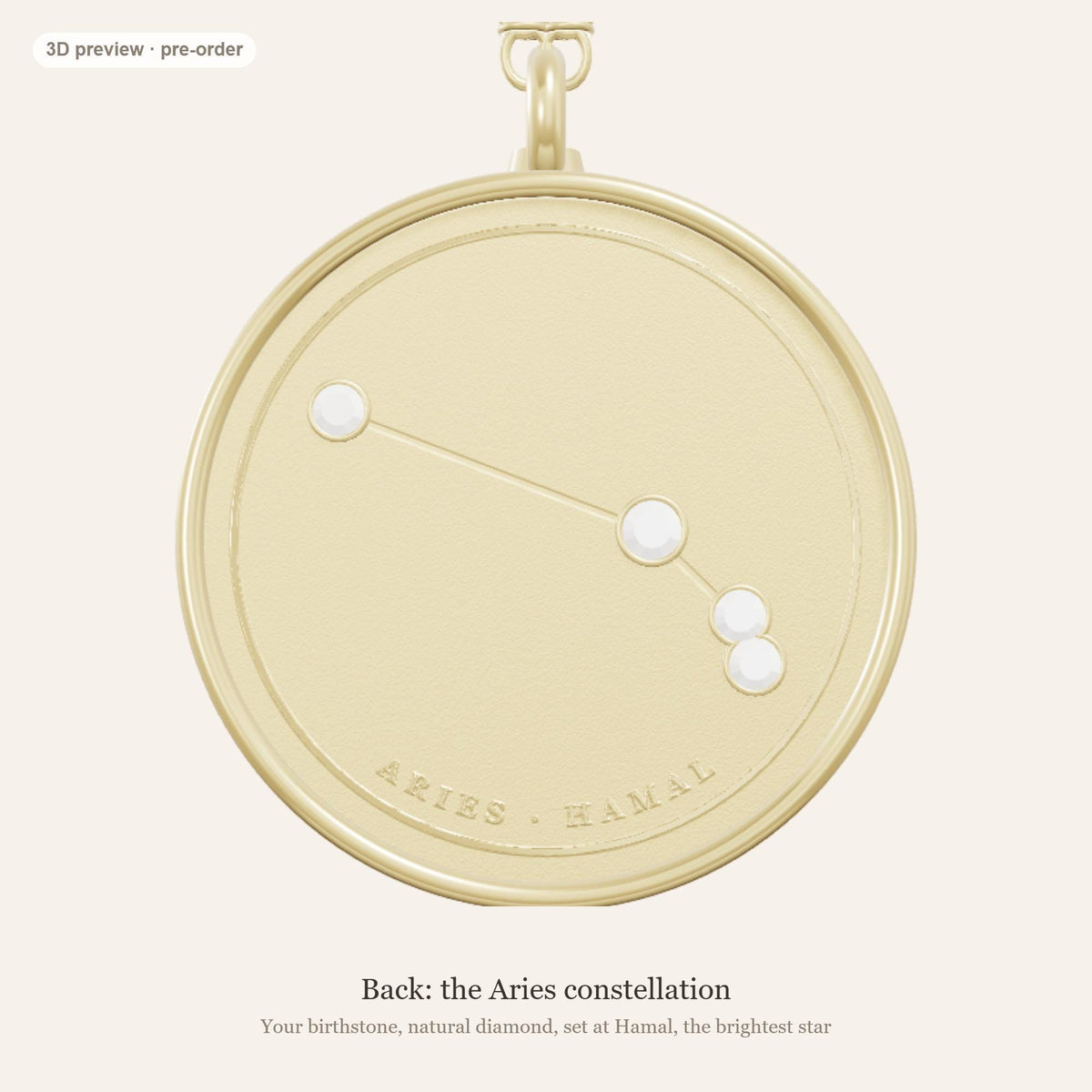 Aries zodiac constellation coin necklace in 925 sterling silver with lab-grown diamond stars and a natural diamond birthstone, 3D preview 2 of 4