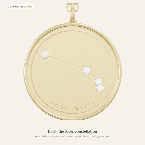Aries zodiac constellation coin necklace in 925 sterling silver with lab-grown diamond stars and a natural diamond birthstone, 3D preview 2 of 4