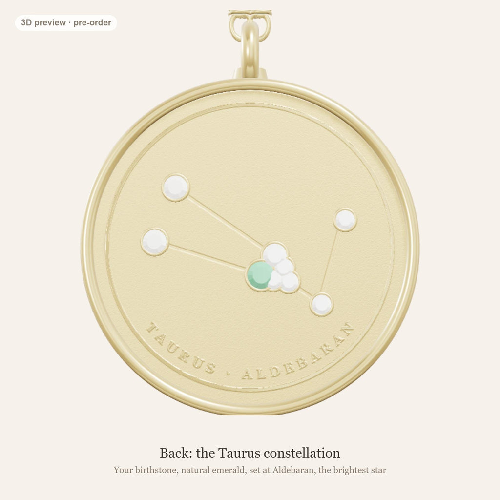 Taurus zodiac constellation coin necklace in 925 sterling silver with lab-grown diamond stars and a natural emerald birthstone, 3D preview 2 of 4