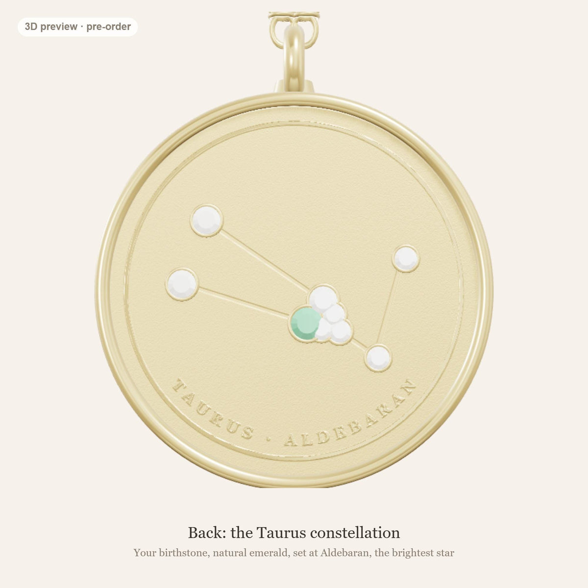 Taurus zodiac constellation coin necklace in 925 sterling silver with lab-grown diamond stars and a natural emerald birthstone, 3D preview 2 of 4