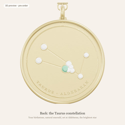 Taurus zodiac constellation coin necklace in 925 sterling silver with lab-grown diamond stars and a natural emerald birthstone, 3D preview 2 of 4