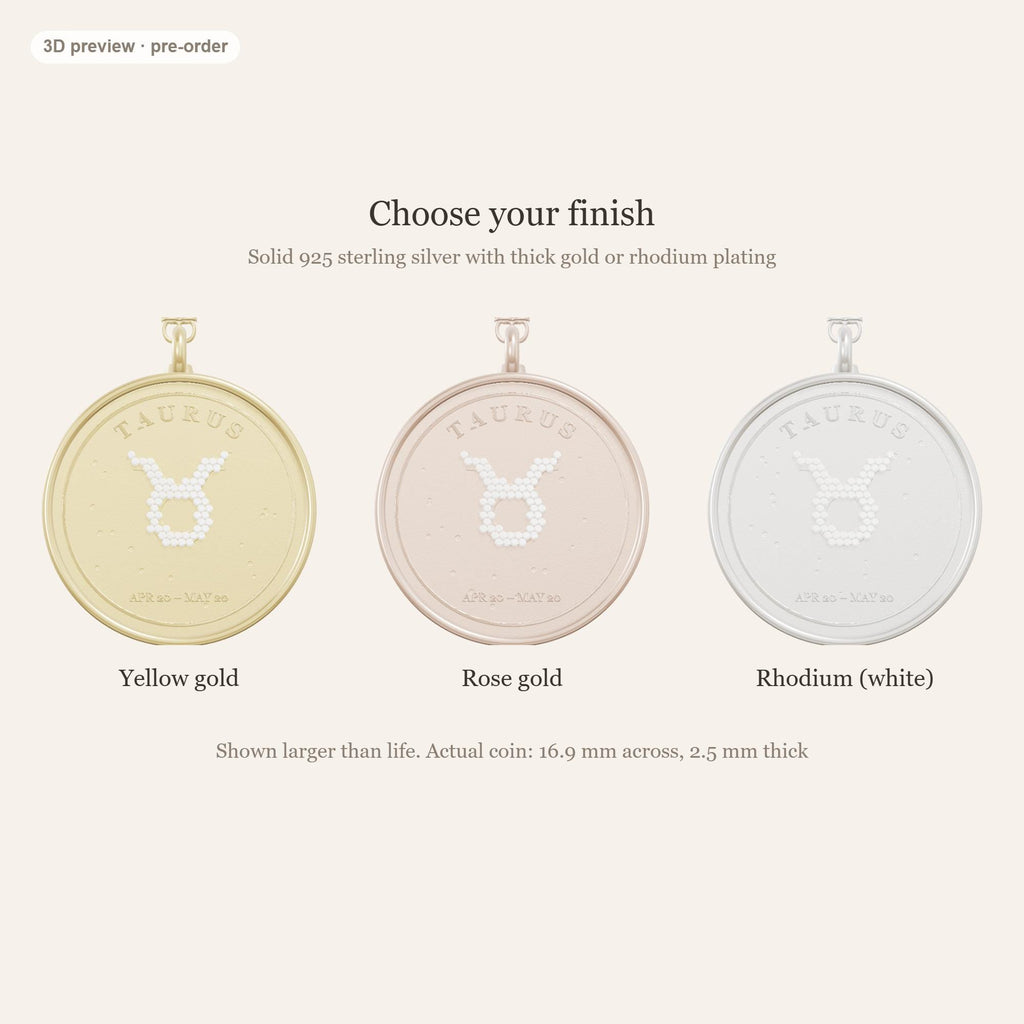 Taurus zodiac constellation coin necklace in 925 sterling silver with lab-grown diamond stars and a natural emerald birthstone, 3D preview 3 of 4