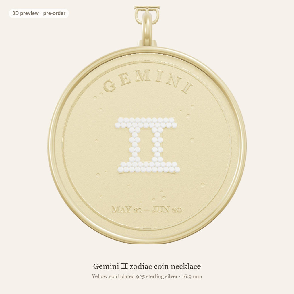 Gemini zodiac constellation coin necklace in 925 sterling silver with lab-grown diamond stars and a genuine freshwater pearl birthstone, 3D preview 1 of 4