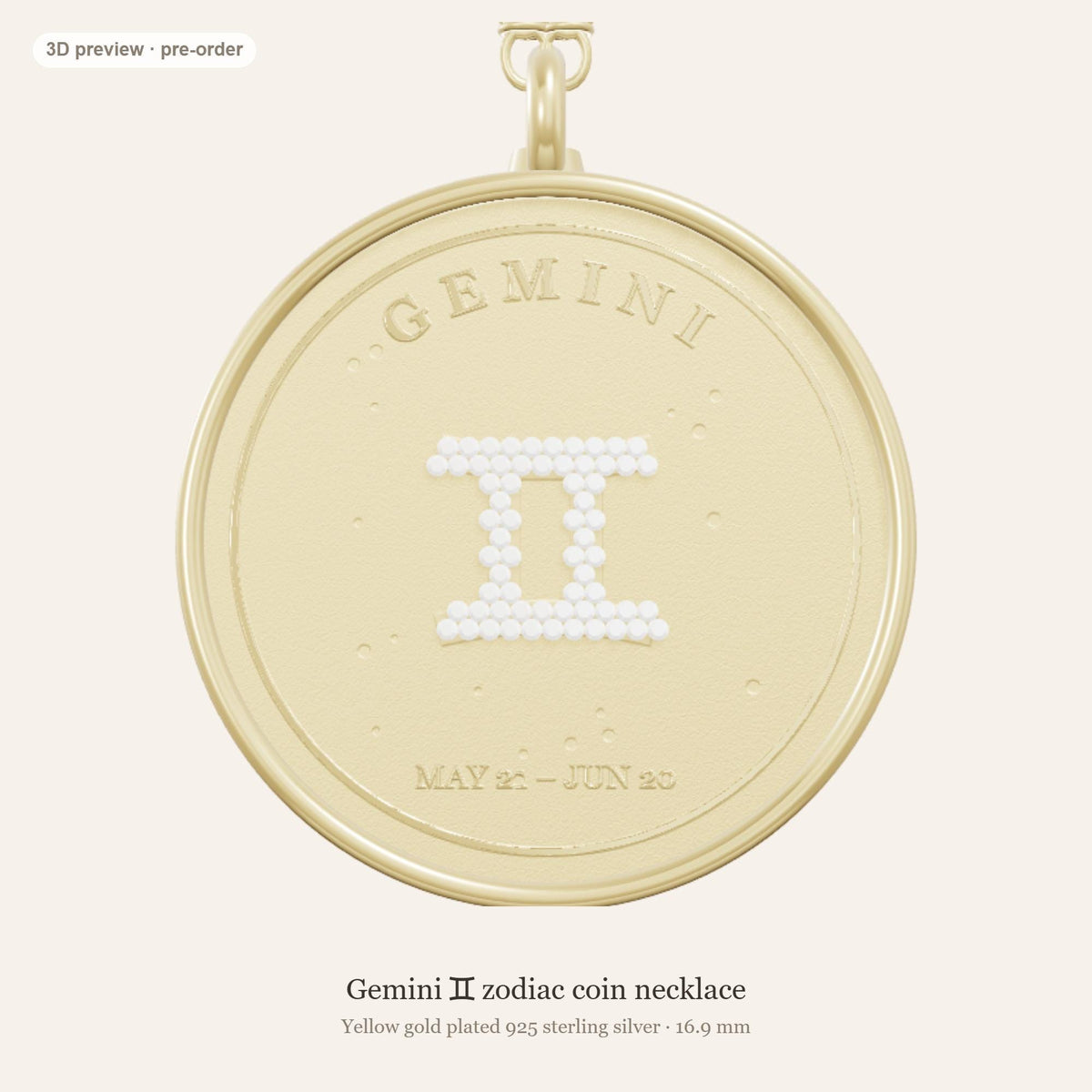Gemini zodiac constellation coin necklace in 925 sterling silver with lab-grown diamond stars and a genuine freshwater pearl birthstone, 3D preview 1 of 4