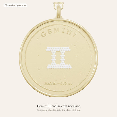 Gemini zodiac constellation coin necklace in 925 sterling silver with lab-grown diamond stars and a genuine freshwater pearl birthstone, 3D preview 1 of 4