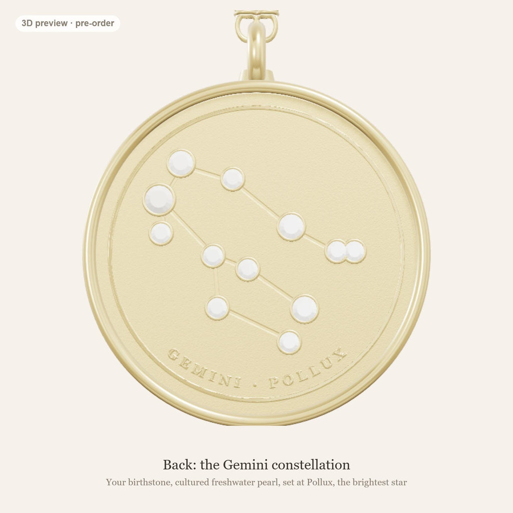 Gemini zodiac constellation coin necklace in 925 sterling silver with lab-grown diamond stars and a genuine freshwater pearl birthstone, 3D preview 2 of 4