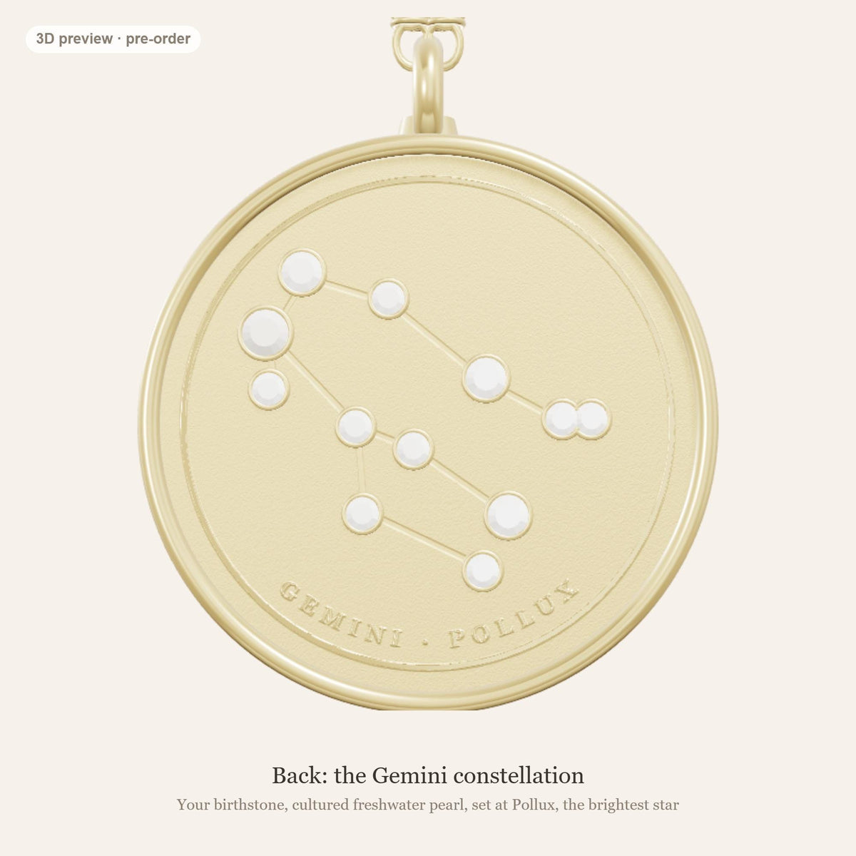 Gemini zodiac constellation coin necklace in 925 sterling silver with lab-grown diamond stars and a genuine freshwater pearl birthstone, 3D preview 2 of 4