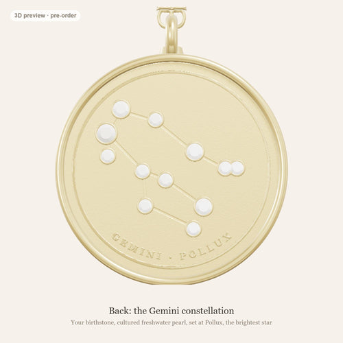 Gemini zodiac constellation coin necklace in 925 sterling silver with lab-grown diamond stars and a genuine freshwater pearl birthstone, 3D preview 2 of 4