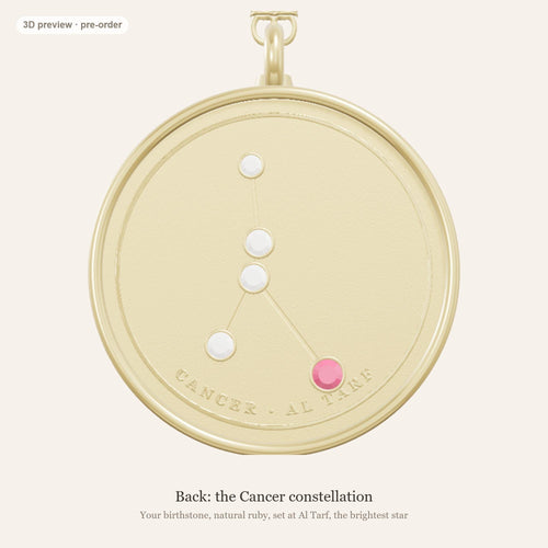 Cancer zodiac constellation coin necklace in 925 sterling silver with lab-grown diamond stars and a natural ruby birthstone, 3D preview 2 of 4