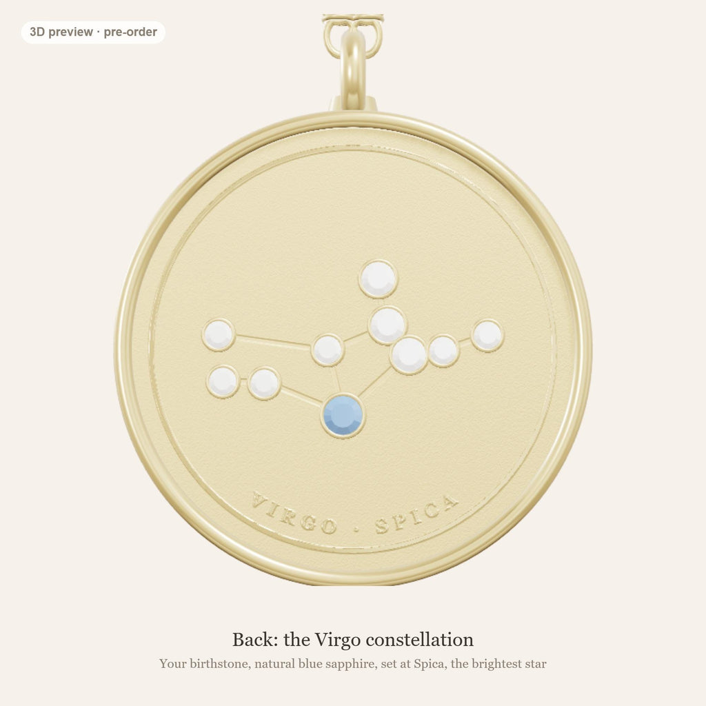 Virgo zodiac constellation coin necklace in 925 sterling silver with lab-grown diamond stars and a natural blue sapphire birthstone, 3D preview 2 of 4