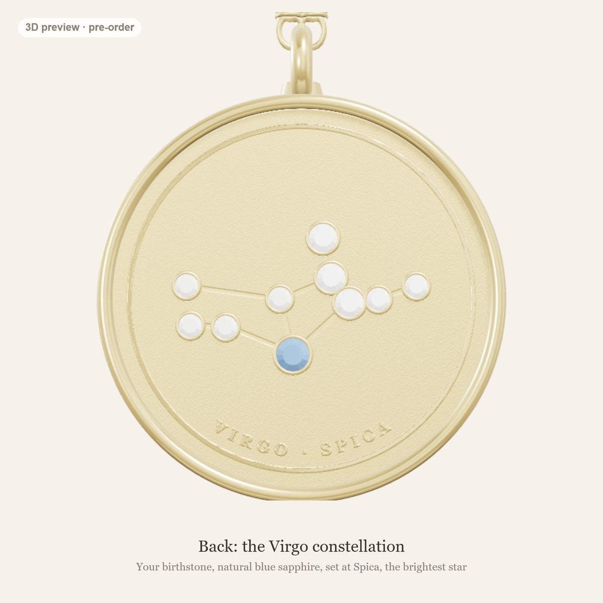 Virgo zodiac constellation coin necklace in 925 sterling silver with lab-grown diamond stars and a natural blue sapphire birthstone, 3D preview 2 of 4