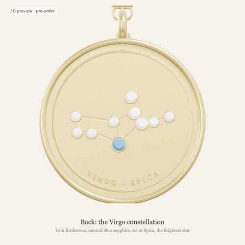 Virgo zodiac constellation coin necklace in 925 sterling silver with lab-grown diamond stars and a natural blue sapphire birthstone, 3D preview 2 of 4