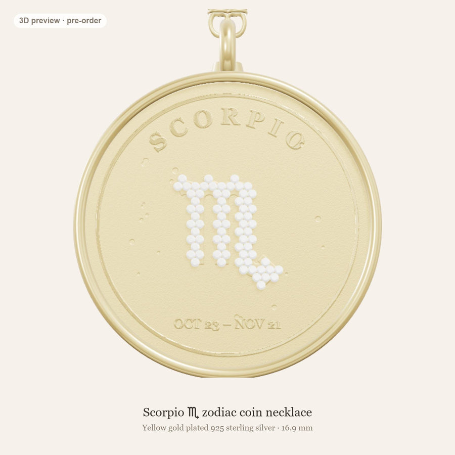 Scorpio zodiac constellation coin necklace in 925 sterling silver with lab-grown diamond stars and a natural golden topaz birthstone, 3D preview 1 of 4