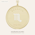 Scorpio zodiac constellation coin necklace in 925 sterling silver with lab-grown diamond stars and a natural golden topaz birthstone, 3D preview 1 of 4