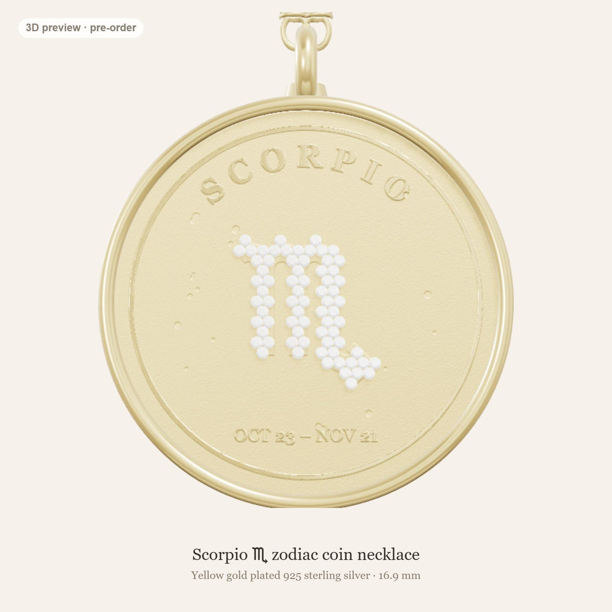 Scorpio zodiac constellation coin necklace in 925 sterling silver with lab-grown diamond stars and a natural golden topaz birthstone, 3D preview 1 of 4