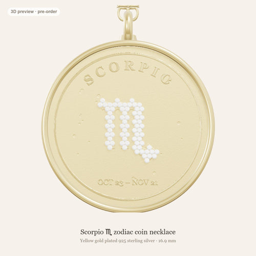 Scorpio zodiac constellation coin necklace in 925 sterling silver with lab-grown diamond stars and a natural golden topaz birthstone, 3D preview 1 of 4