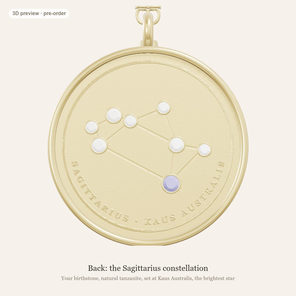 Sagittarius zodiac constellation coin necklace in 925 sterling silver with lab-grown diamond stars and a natural tanzanite birthstone, 3D preview 2 of 4