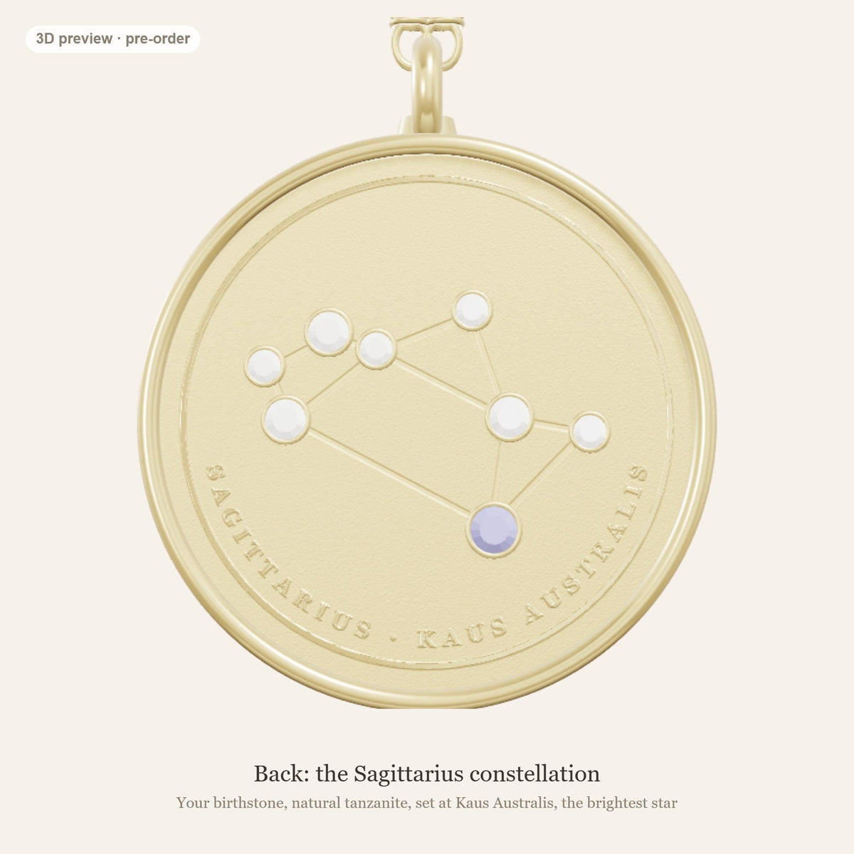 Sagittarius zodiac constellation coin necklace in 925 sterling silver with lab-grown diamond stars and a natural tanzanite birthstone, 3D preview 2 of 4