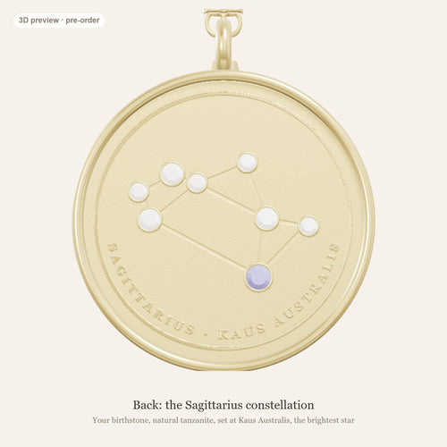 Sagittarius zodiac constellation coin necklace in 925 sterling silver with lab-grown diamond stars and a natural tanzanite birthstone, 3D preview 2 of 4