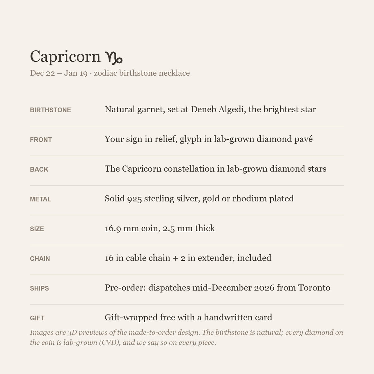 Capricorn zodiac constellation coin necklace in 925 sterling silver with lab-grown diamond stars and a natural garnet birthstone, 3D preview 4 of 4