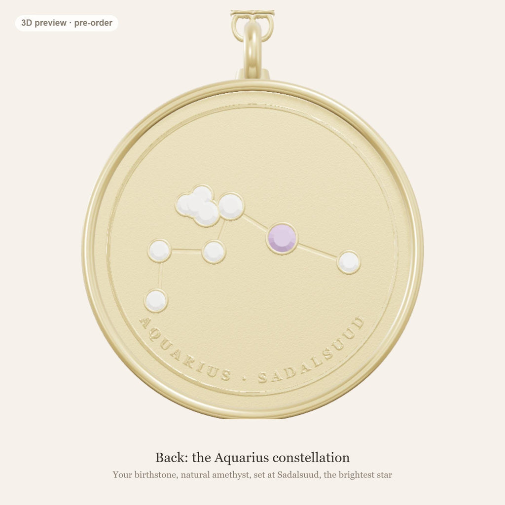 Aquarius zodiac constellation coin necklace in 925 sterling silver with lab-grown diamond stars and a natural amethyst birthstone, 3D preview 2 of 4