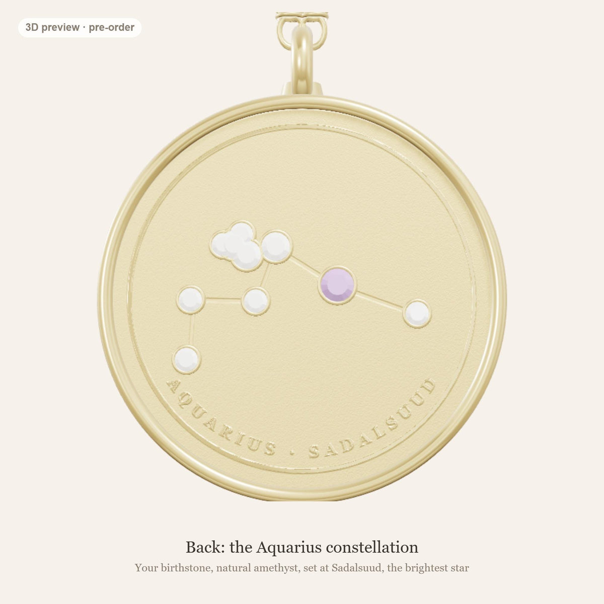 Aquarius zodiac constellation coin necklace in 925 sterling silver with lab-grown diamond stars and a natural amethyst birthstone, 3D preview 2 of 4
