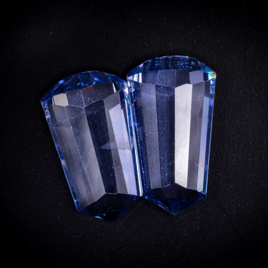 Matched pair of natural light blue Ceylon sapphires, vintage 1930s bullet cut tapered baguettes, 2.39 ct total, seen from above