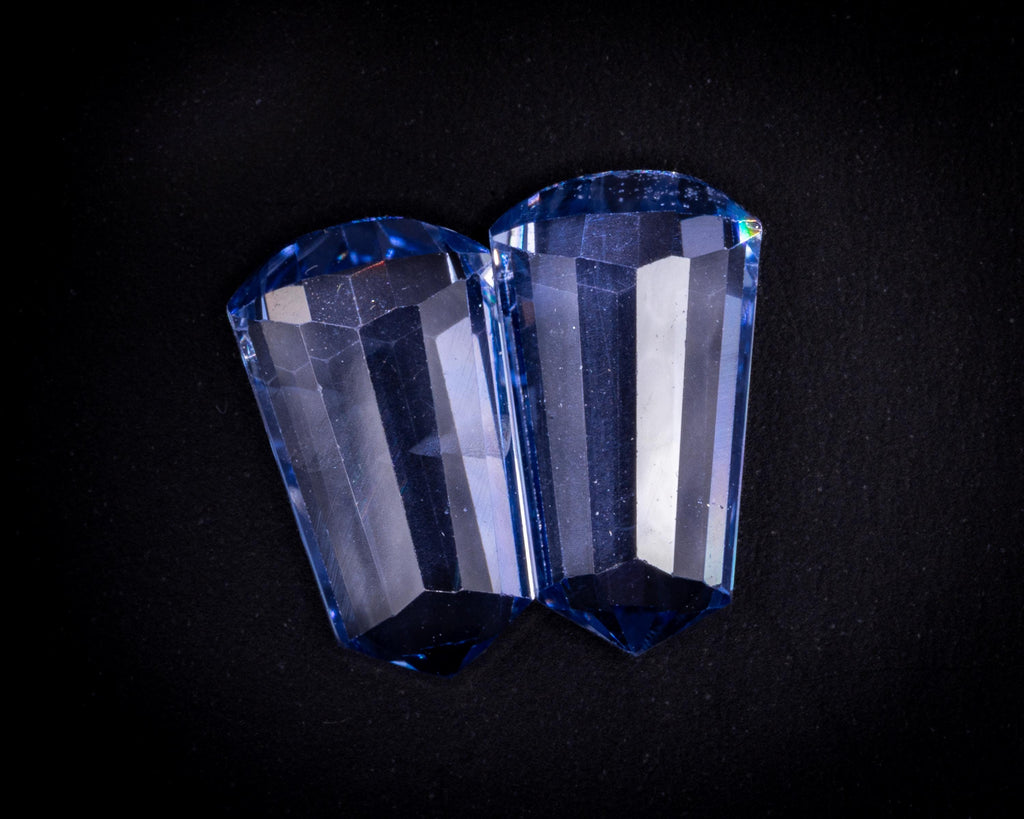 Matched pair of natural light blue Ceylon sapphires, vintage 1930s bullet cut tapered baguettes, 2.39 ct total, seen from above