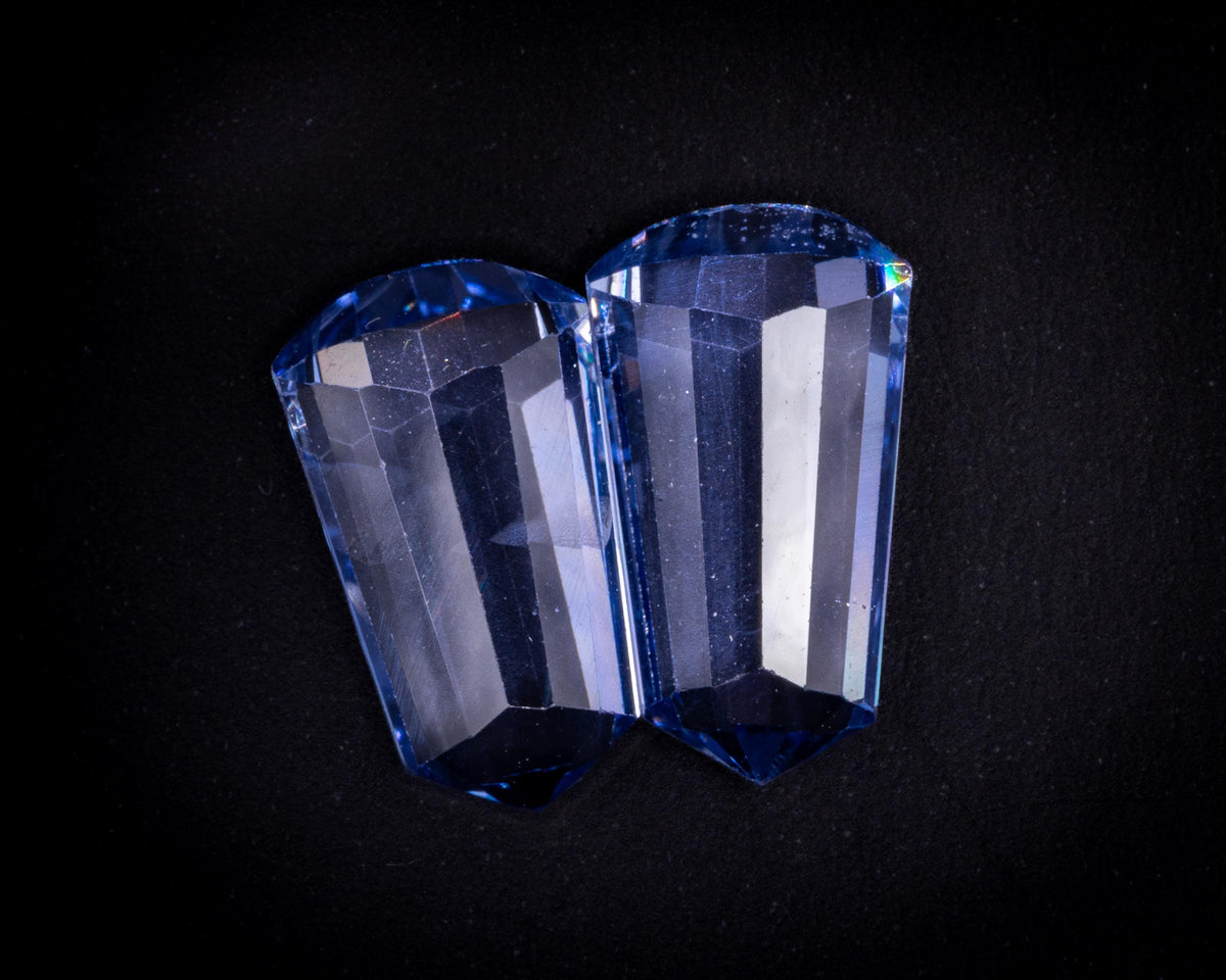 Matched pair of natural light blue Ceylon sapphires, vintage 1930s bullet cut tapered baguettes, 2.39 ct total, seen from above