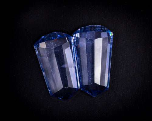 Matched pair of natural light blue Ceylon sapphires, vintage 1930s bullet cut tapered baguettes, 2.39 ct total, seen from above