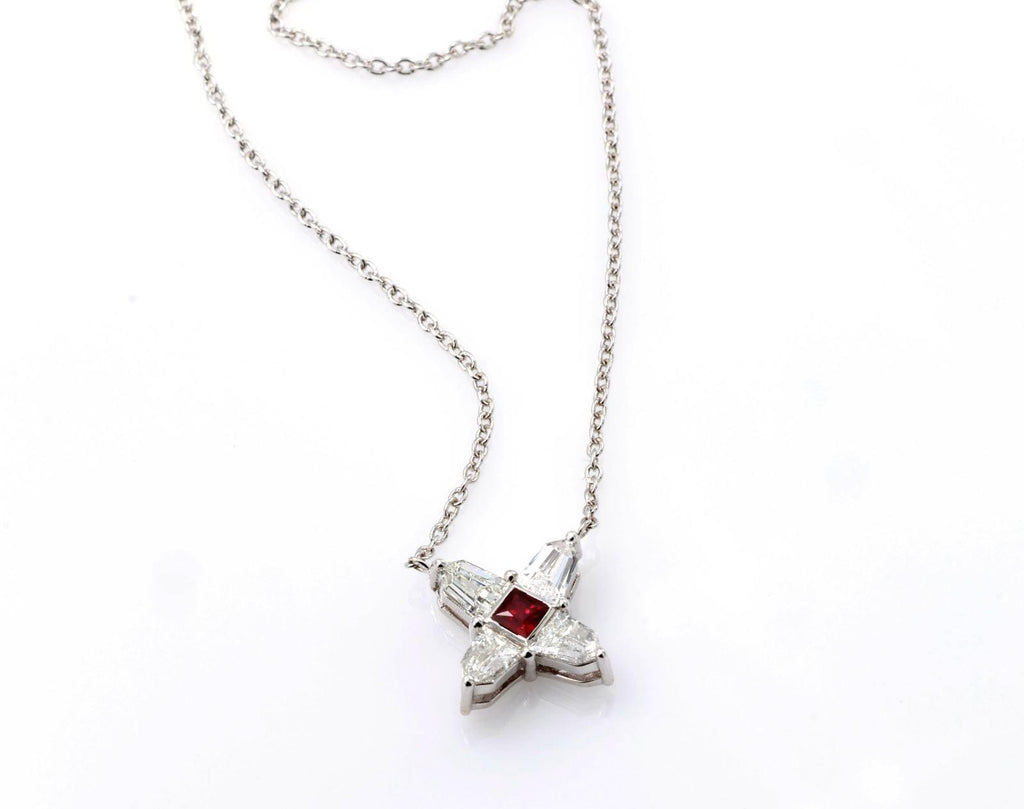 Ruby and Diamond Star Necklace in 14K White Gold – Natural Ruby, Shield Cut Diamonds 0.51 ct