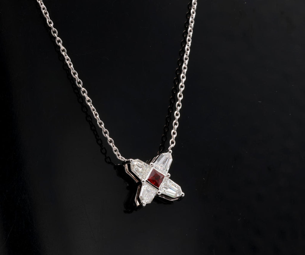Ruby and Diamond Star Necklace in 14K White Gold – Natural Ruby, Shield Cut Diamonds 0.51 ct