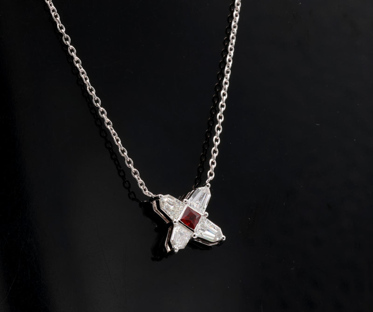 Ruby and Diamond Star Necklace in 14K White Gold – Natural Ruby, Shield Cut Diamonds 0.51 ct