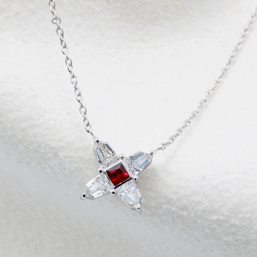 Ruby and Diamond Star Necklace in 14K White Gold – Natural Ruby, Shield Cut Diamonds 0.51 ct