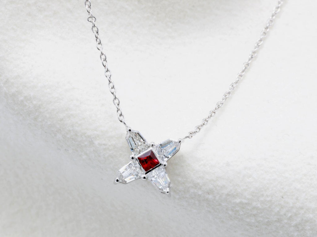 Ruby and Diamond Star Necklace in 14K White Gold – Natural Ruby, Shield Cut Diamonds 0.51 ct