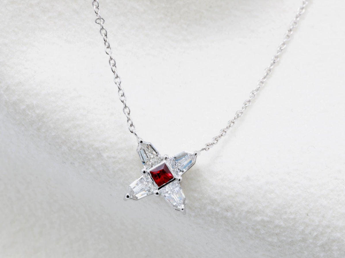 Ruby and Diamond Star Necklace in 14K White Gold – Natural Ruby, Shield Cut Diamonds 0.51 ct