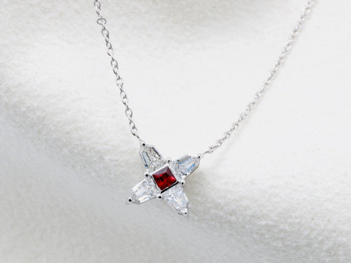 Ruby and Diamond Star Necklace in 14K White Gold – Natural Ruby, Shield Cut Diamonds 0.51 ct