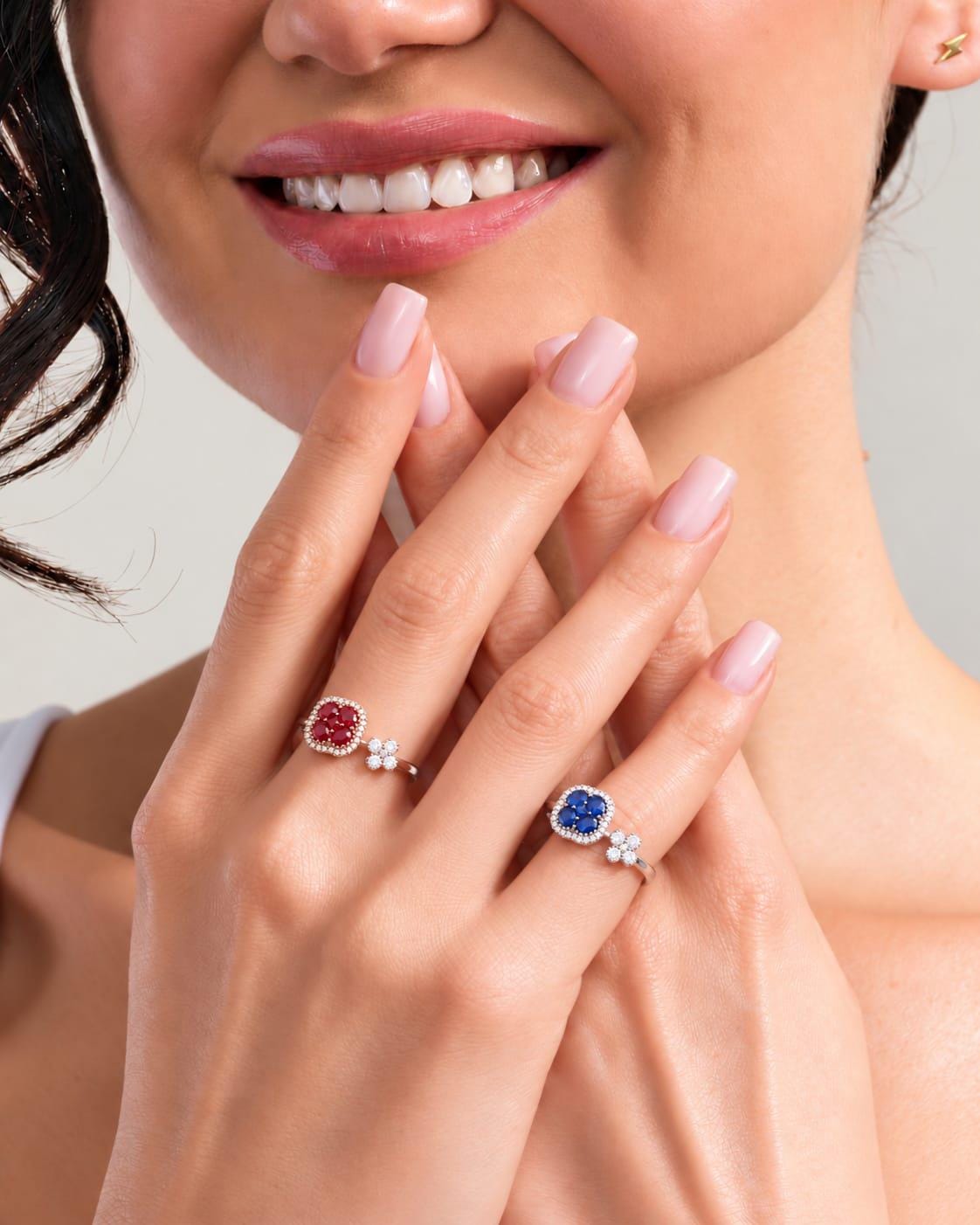 Blue Sapphire Clover Toi et Moi Ring with Diamonds, 18K White Gold