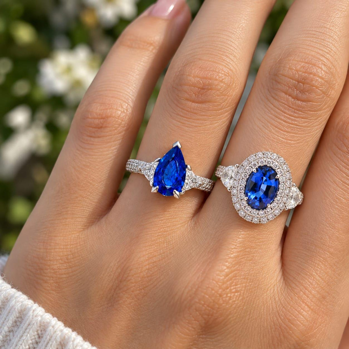 Pear or Oval Blue Sapphire Diamond Ring, 18K White Gold