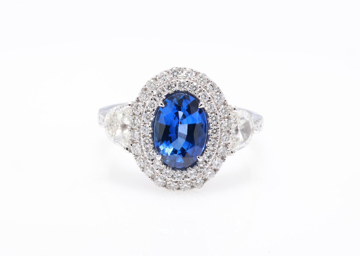 Oval Sapphire Double Halo Ring with Diamonds, 1.76 ct, 18K White Gold