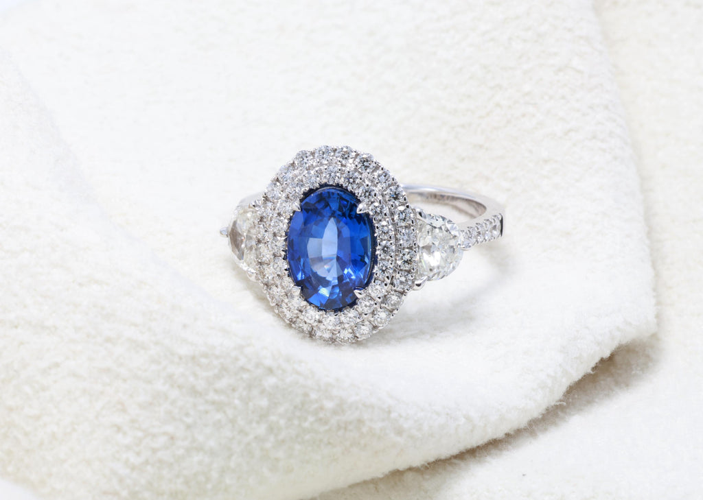 Oval Sapphire Double Halo Ring with Diamonds, 1.76 ct, 18K White Gold