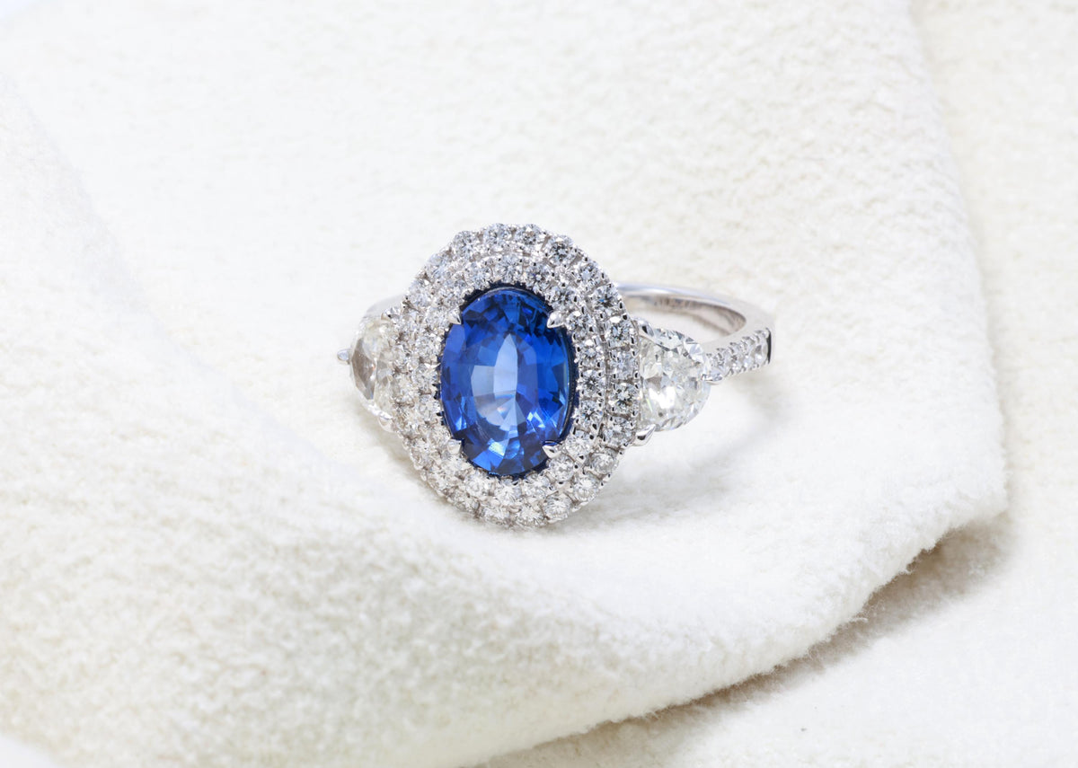 Oval Sapphire Double Halo Ring with Diamonds, 1.76 ct, 18K White Gold