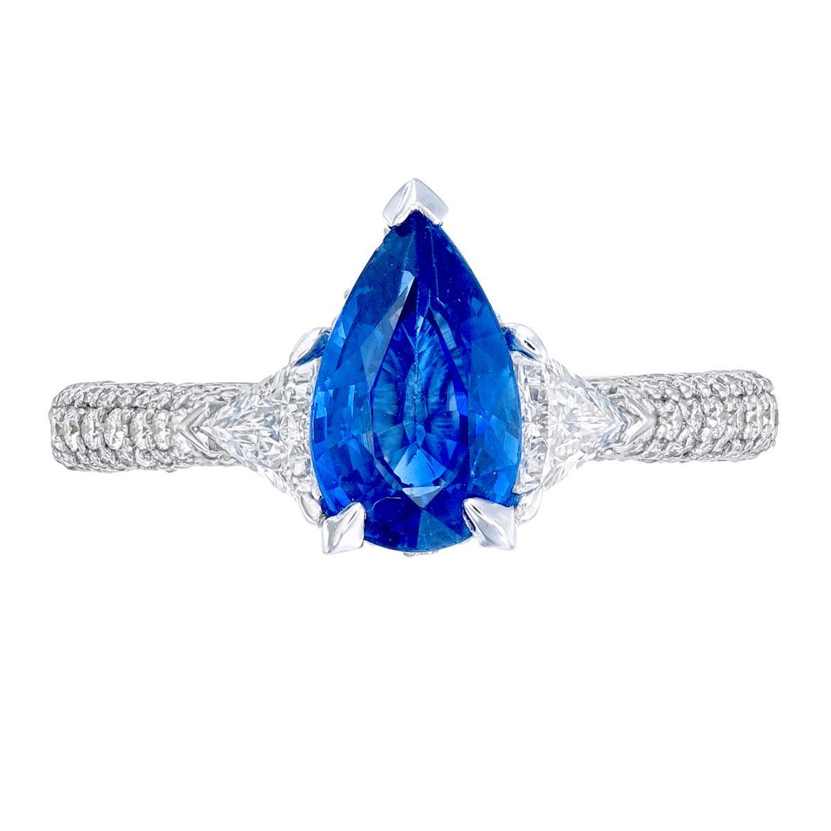 Pear Sapphire Ring with Trillion Diamonds, 1.97 ct, 18K White Gold