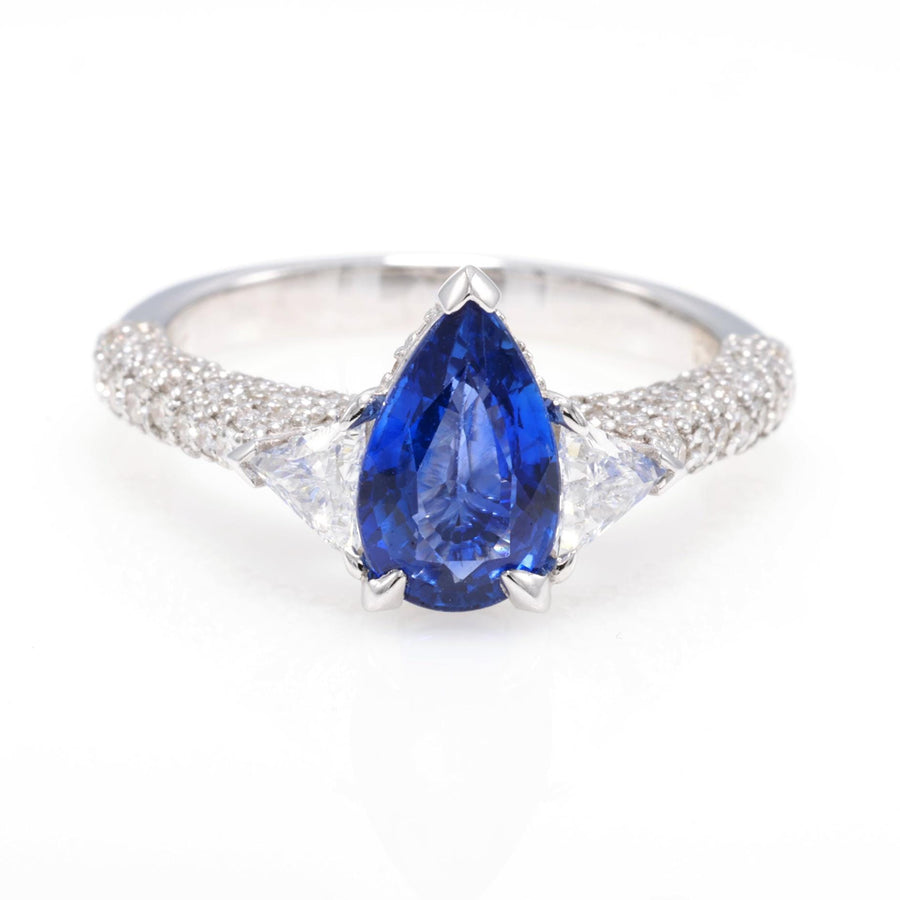 Pear Sapphire Ring with Trillion Diamonds, 1.97 ct, 18K White Gold