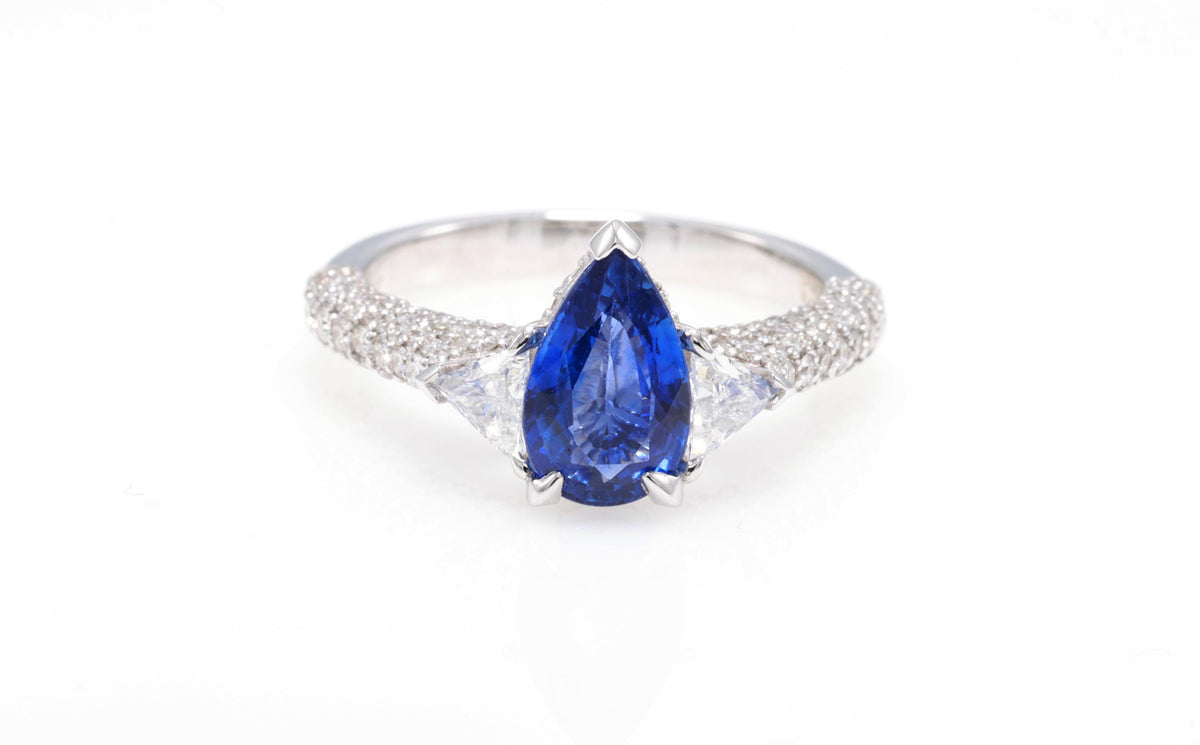 Pear Sapphire Ring with Trillion Diamonds, 1.97 ct, 18K White Gold