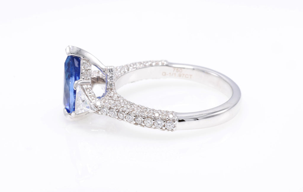 Pear Sapphire Ring with Trillion Diamonds, 1.97 ct, 18K White Gold